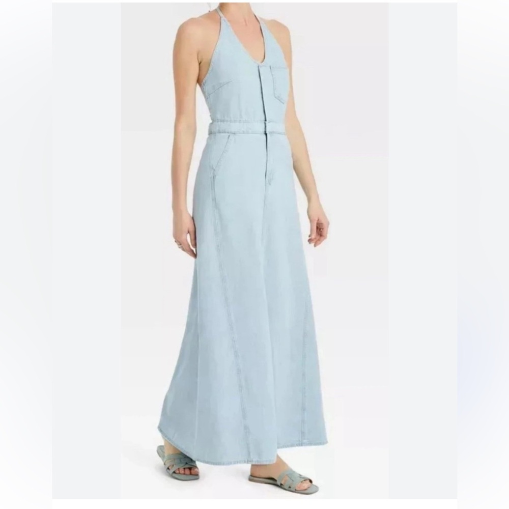 Universal Thread Light Wash Blue Denim Halter Neck Maxi Dress | Size 0